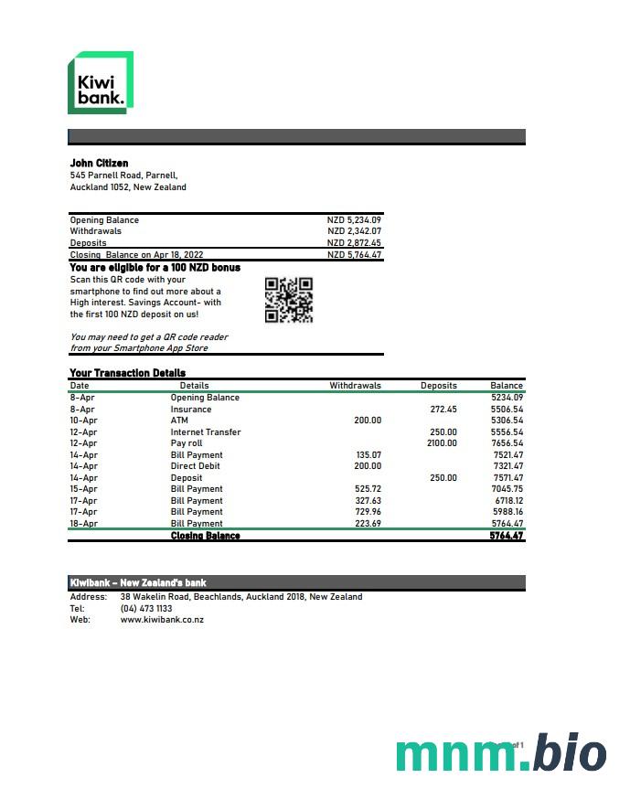 Szablon wyciągu bankowego w Nowej Zelandii w programie Word i PDF